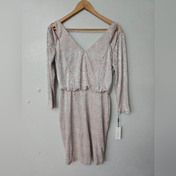 CALVIN KLEIN NEW Women's Metallic Textured Split Shoulder Blouson Sheath Dress 6 - Picture 1 of 11